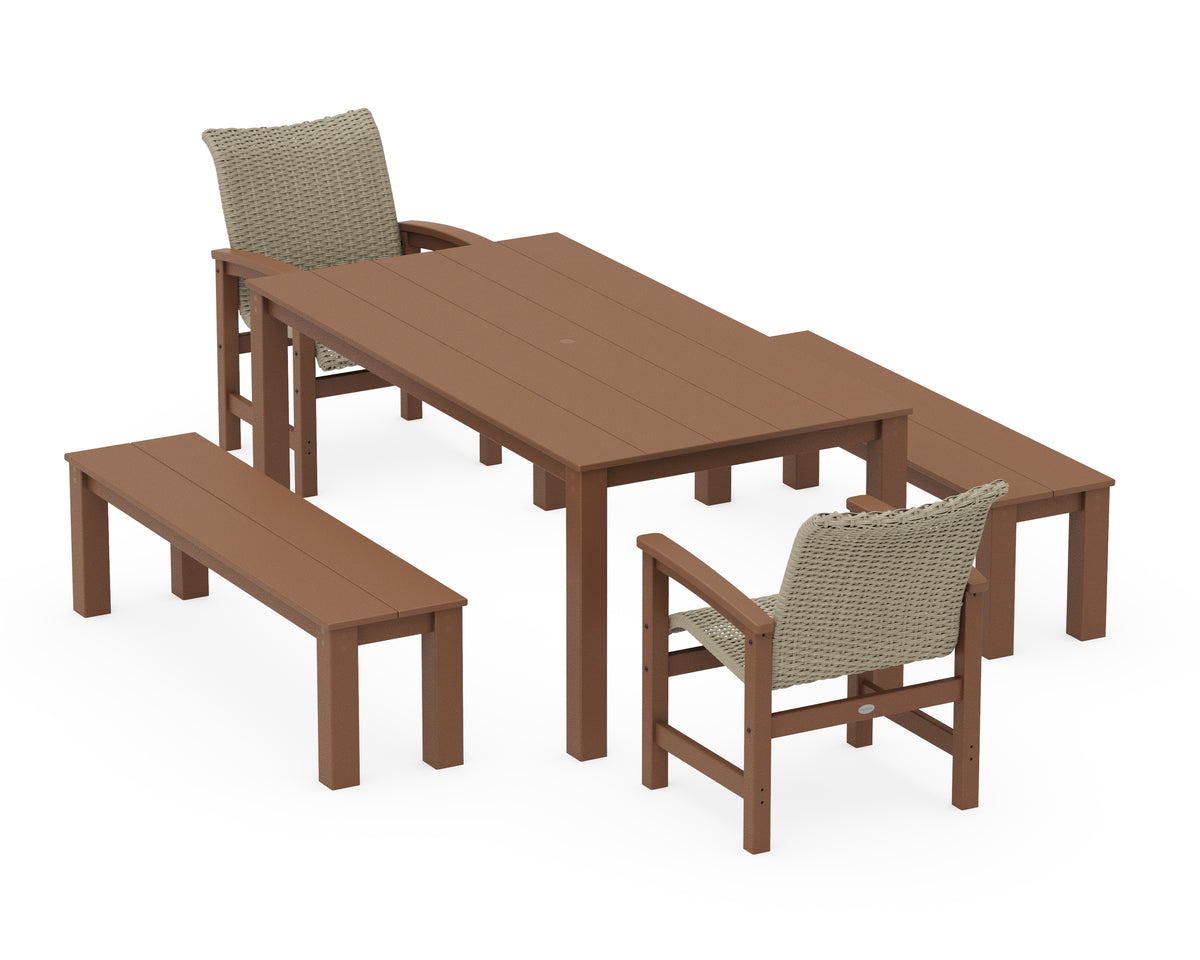POLYWOOD Coastal Woven 5-Piece Parsons Dining Set with Benches in Teak / Dune Grass
