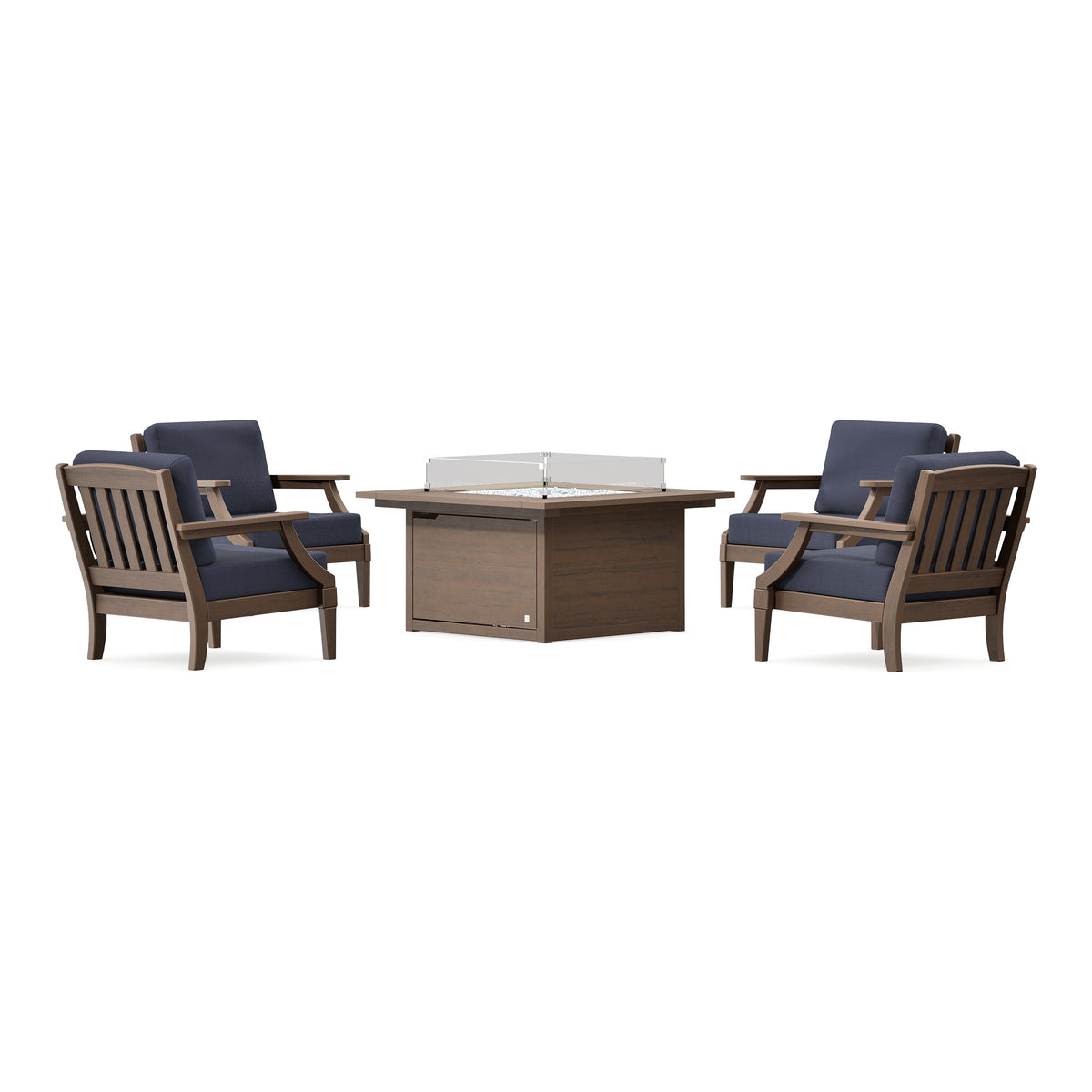 POLYWOOD PW Designer Series Estate 5-Piece Lounge Fire Table Set in Kona / Navy Linen