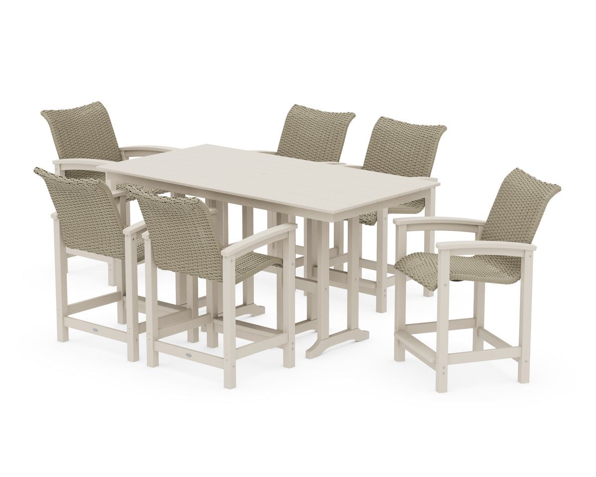 POLYWOOD Coastal Woven Arm Chair 7-Piece Farmhouse Counter Set in Sand / Dune Grass