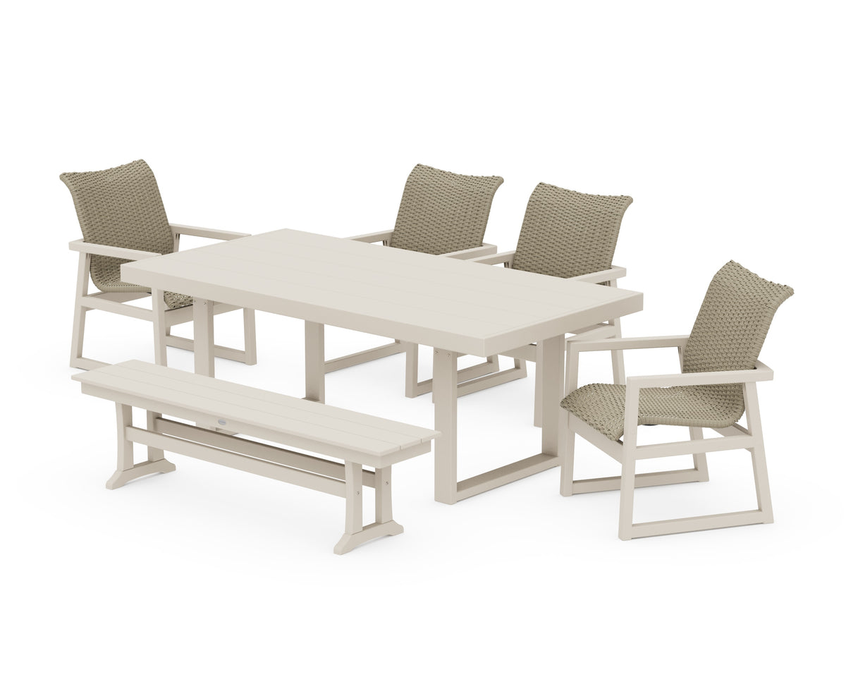 POLYWOOD EDGE Woven 6-Piece Dining Set with Bench in Sand / Dune Grass