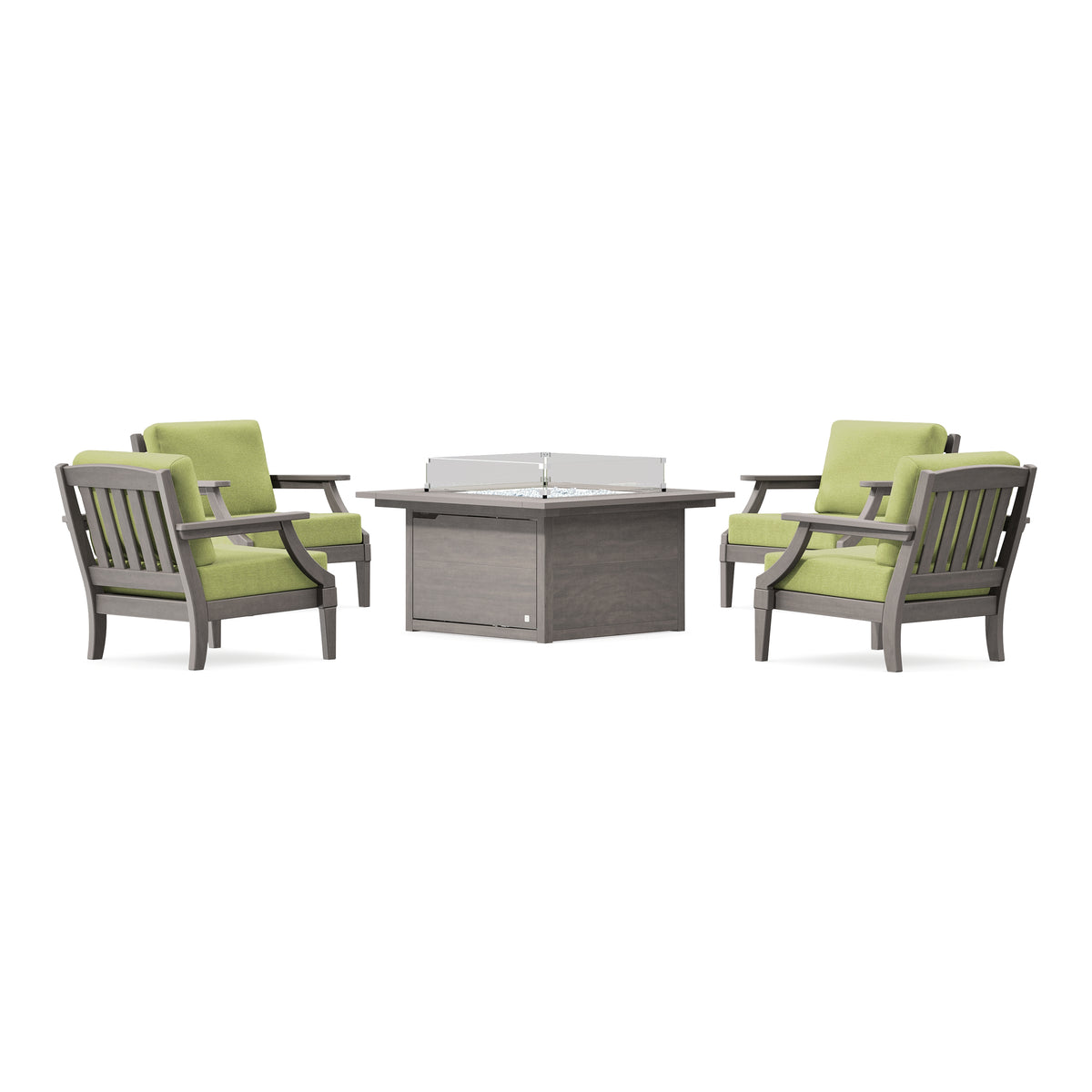 POLYWOOD PW Designer Series Estate 5-Piece Lounge Fire Table Set in Driftwood / Chartreuse Boucle