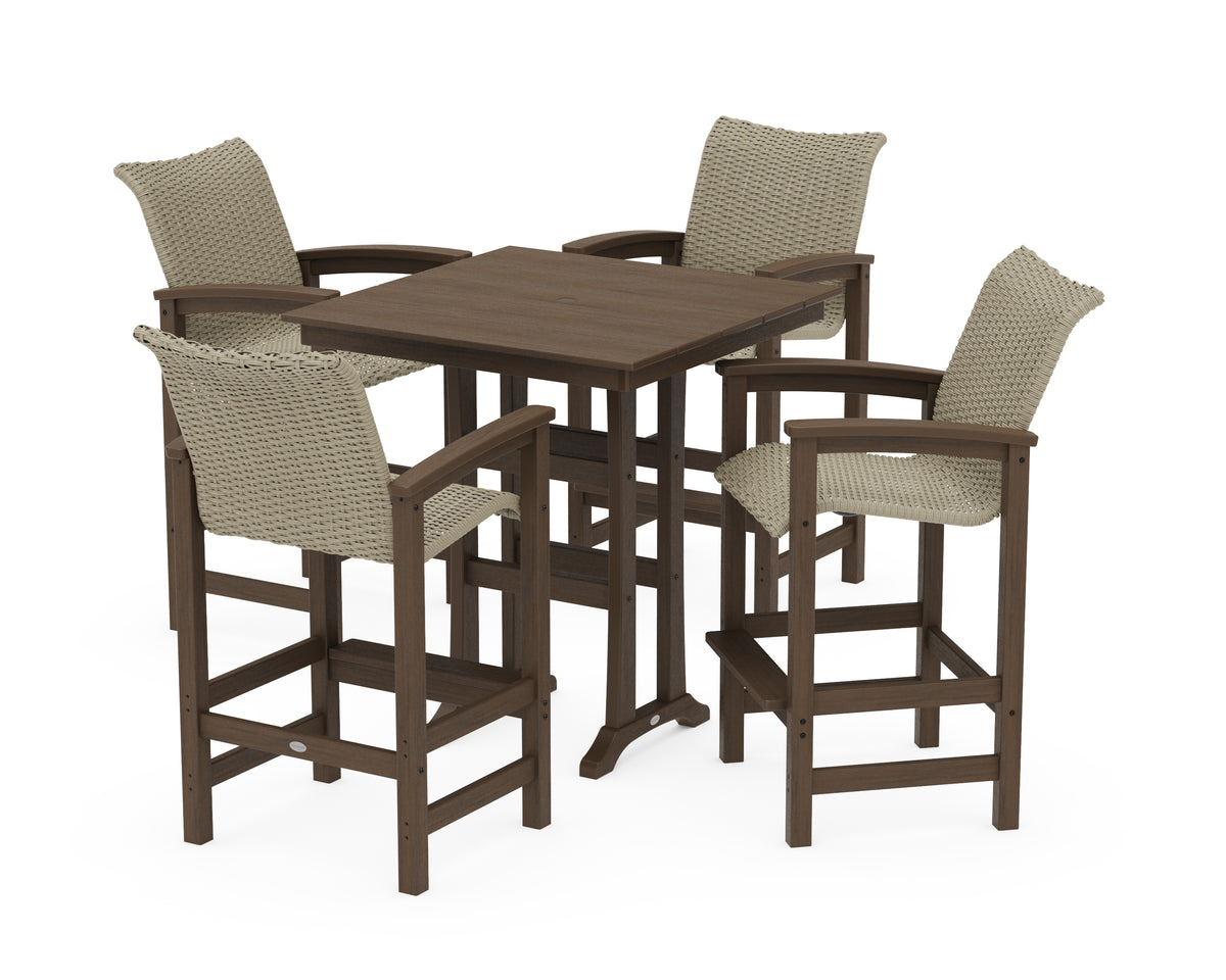 POLYWOOD Coastal Woven 5-Piece Farmhouse Bar Set with Trestle Legs in Kona / Dune Grass