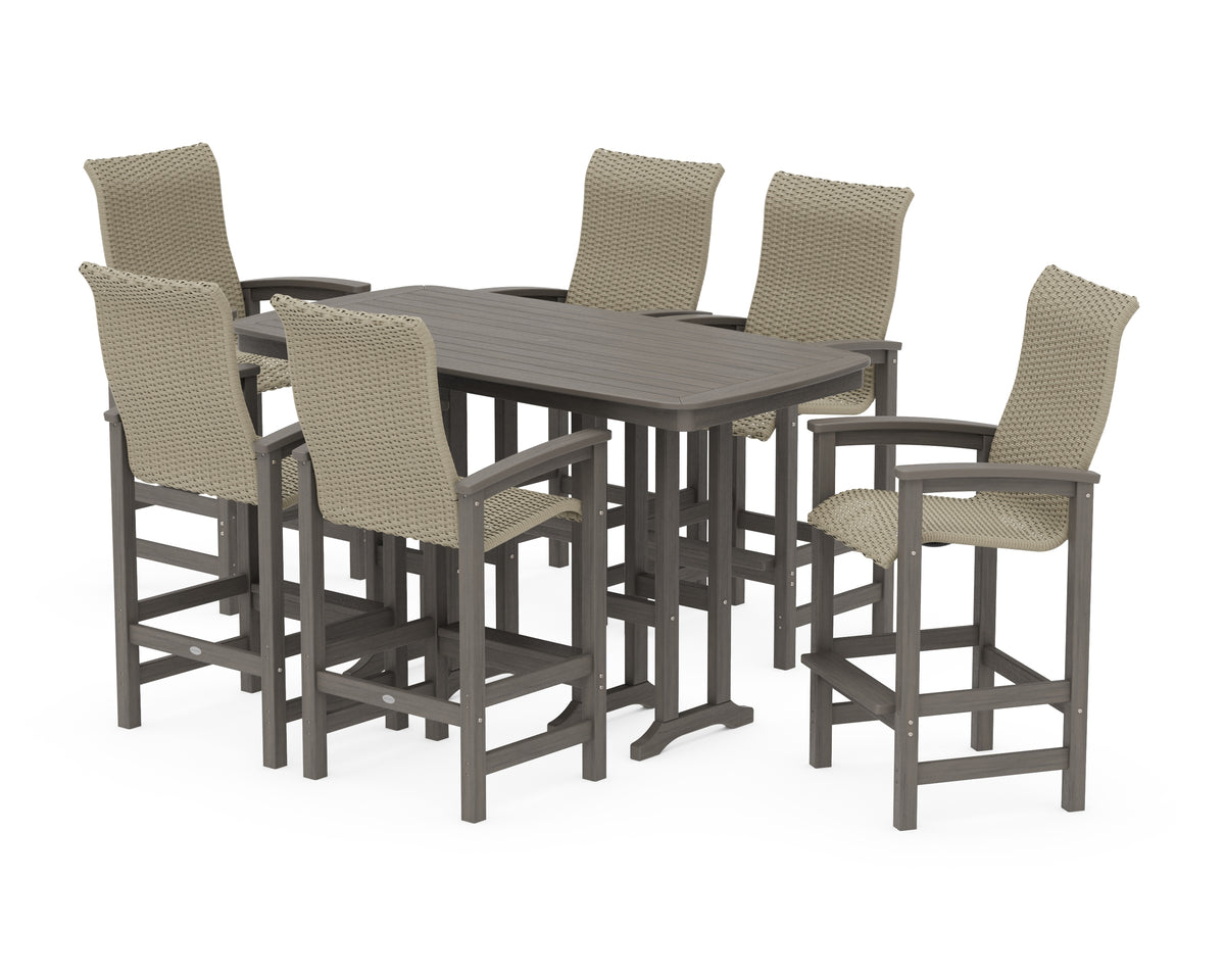 POLYWOOD Coastal Woven High-Back Arm Chair 7-Piece Bar Set in Driftwood / Dune Grass