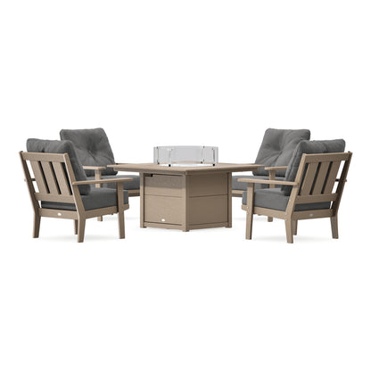POLYWOOD Oxford 5-Piece Deep Seating Set with Fire Pit Table in Vintage Sahara