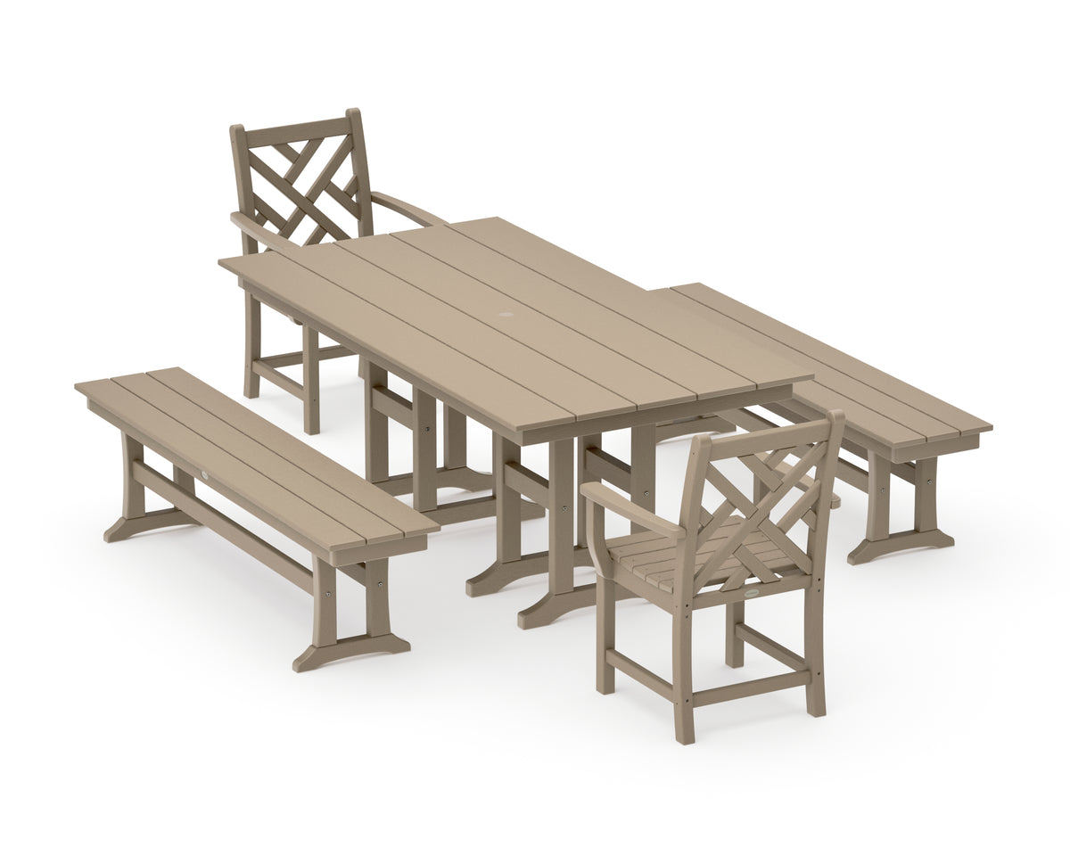 POLYWOOD Chippendale 5-Piece Farmhouse Dining Set with Benches in Vintage Sahara