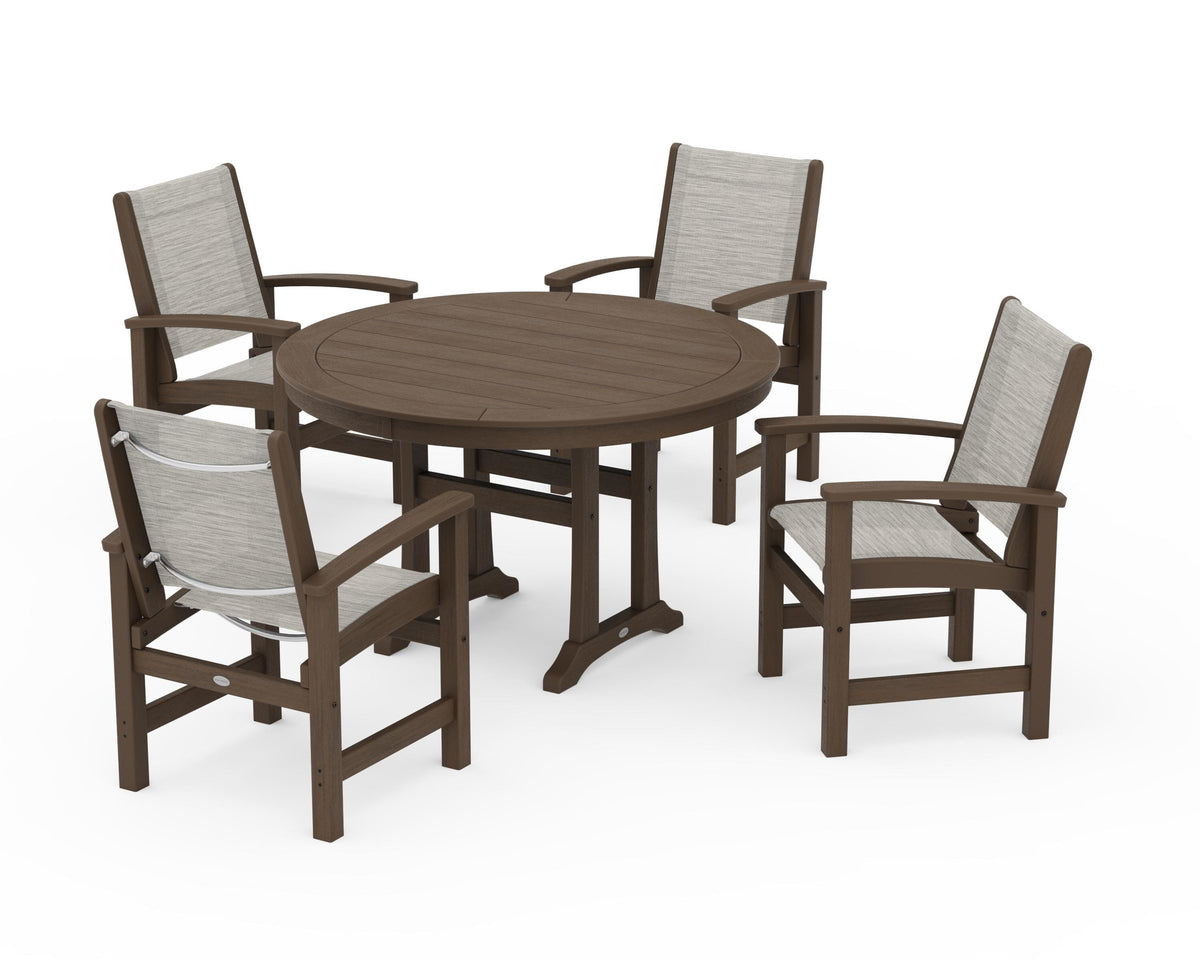 POLYWOOD Coastal 5-Piece Round Dining Set with Trestle Legs in Kona / Birch
