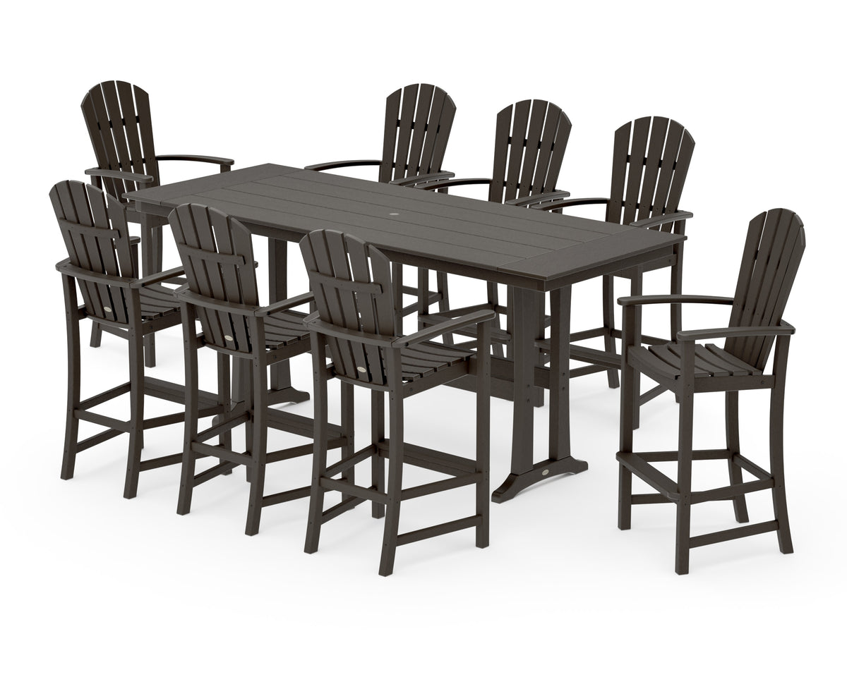 POLYWOOD Palm Coast 9-Piece Farmhouse Bar Set with Trestle Legs in Vintage Coffee