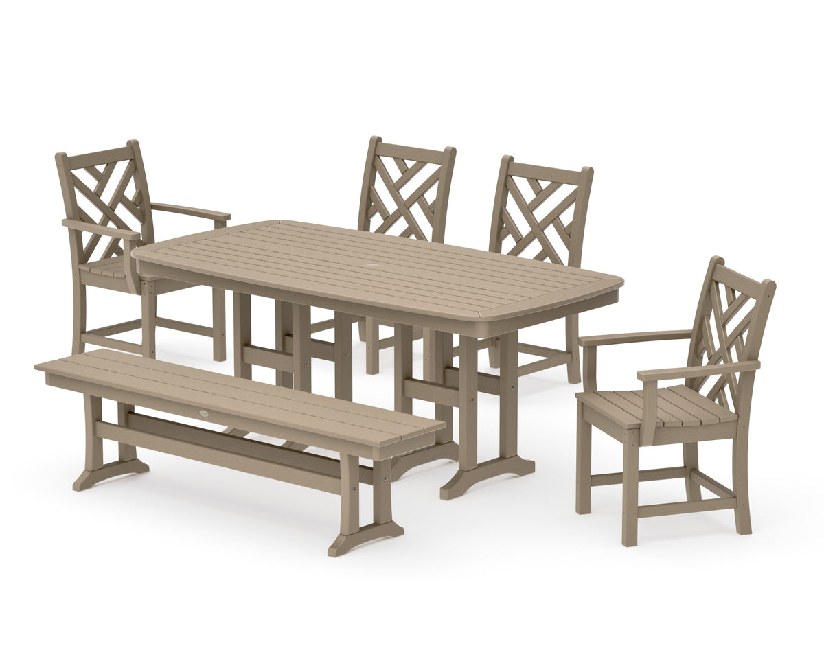 POLYWOOD Chippendale 6-Piece Dining Set with Bench - 37" x 72" Table in Vintage Sahara