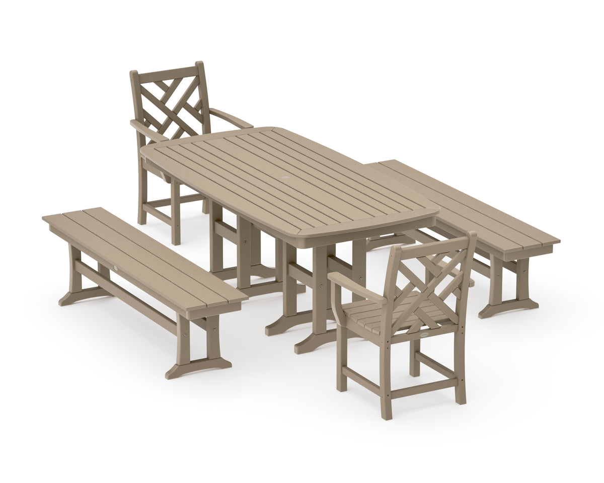 POLYWOOD Chippendale 5-Piece Dining Set with Benches - 37" x 72" Table in Vintage Sahara