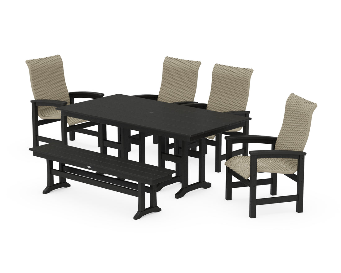 POLYWOOD Coastal Woven High-Back 6-Piece Farmhouse Dining Set with Bench with Farmhouse 37" x 72" Dining Table in Black / Dune Grass