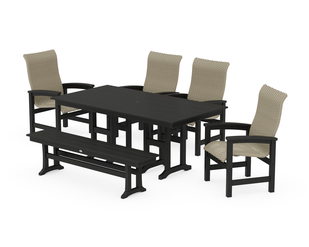 POLYWOOD Coastal Woven High-Back 6-Piece Farmhouse Dining Set with Bench with Farmhouse 37" x 72" Dining Table in Black / Dune Grass