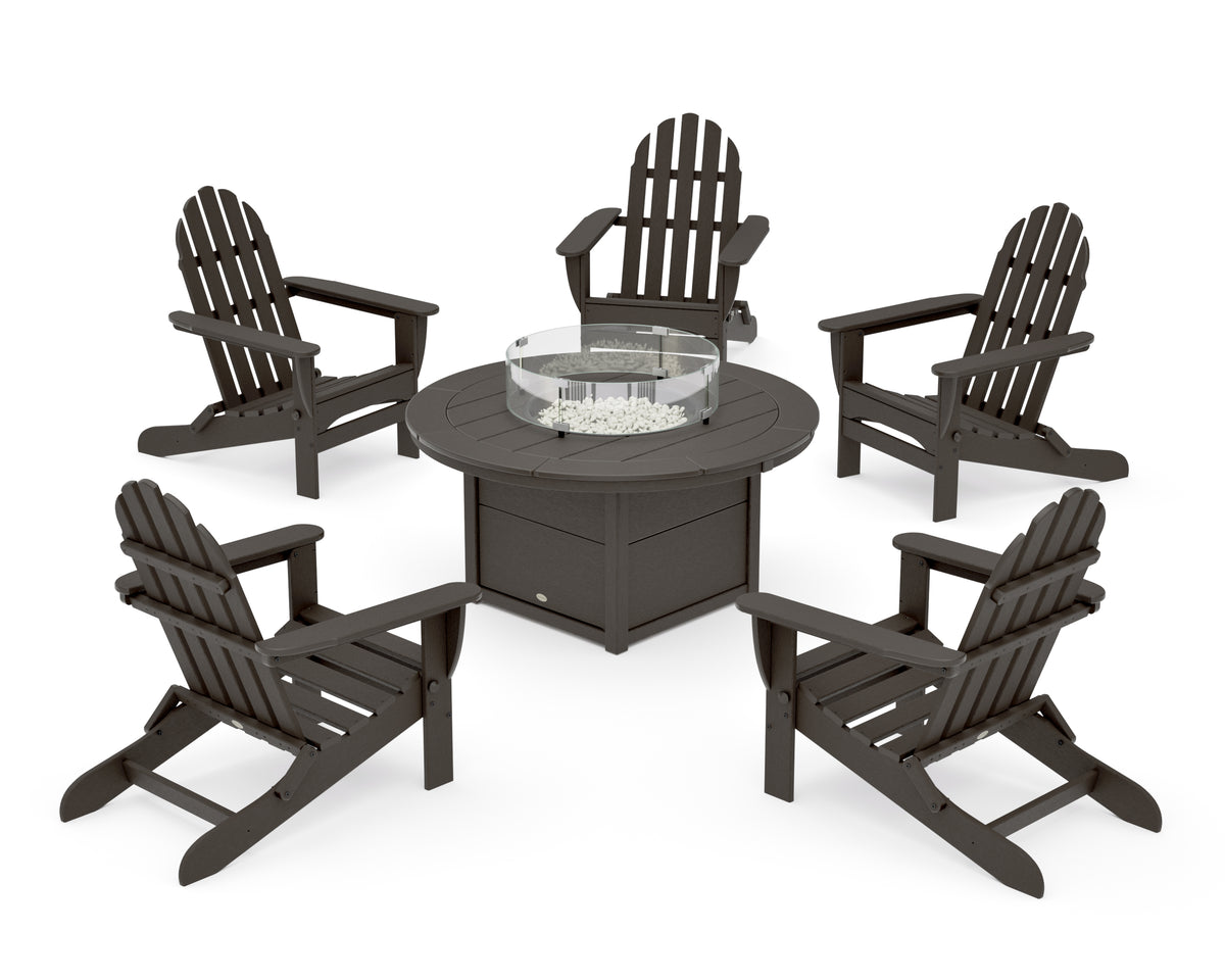 POLYWOOD Classic Folding Adirondack 6-Piece Conversation Set with Fire Pit Table in Vintage Coffee
