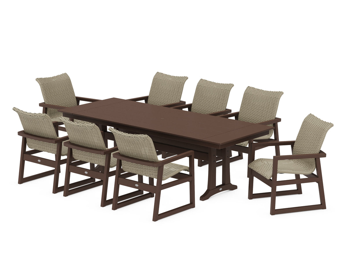 POLYWOOD EDGE Woven 9-Piece Farmhouse Dining Set with Trestle Legs in Mahogany / Dune Grass