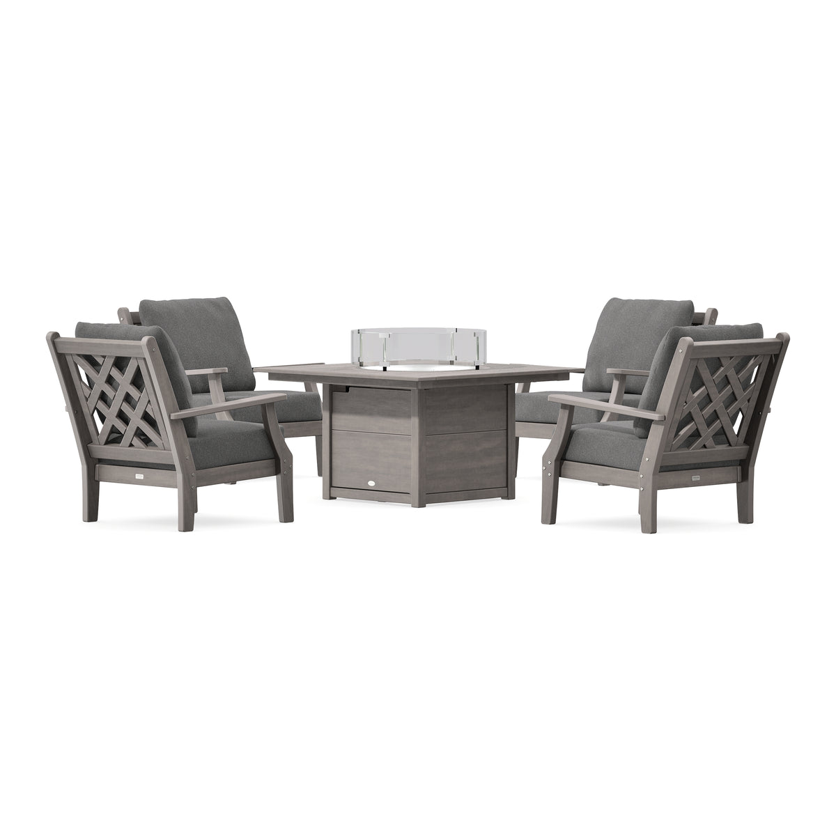 POLYWOOD Country Living Wovendale 5-Piece Deep Seating Set with Fire Pit Table in Driftwood