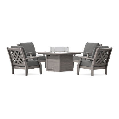POLYWOOD Country Living Wovendale 5-Piece Deep Seating Set with Fire Pit Table in Driftwood
