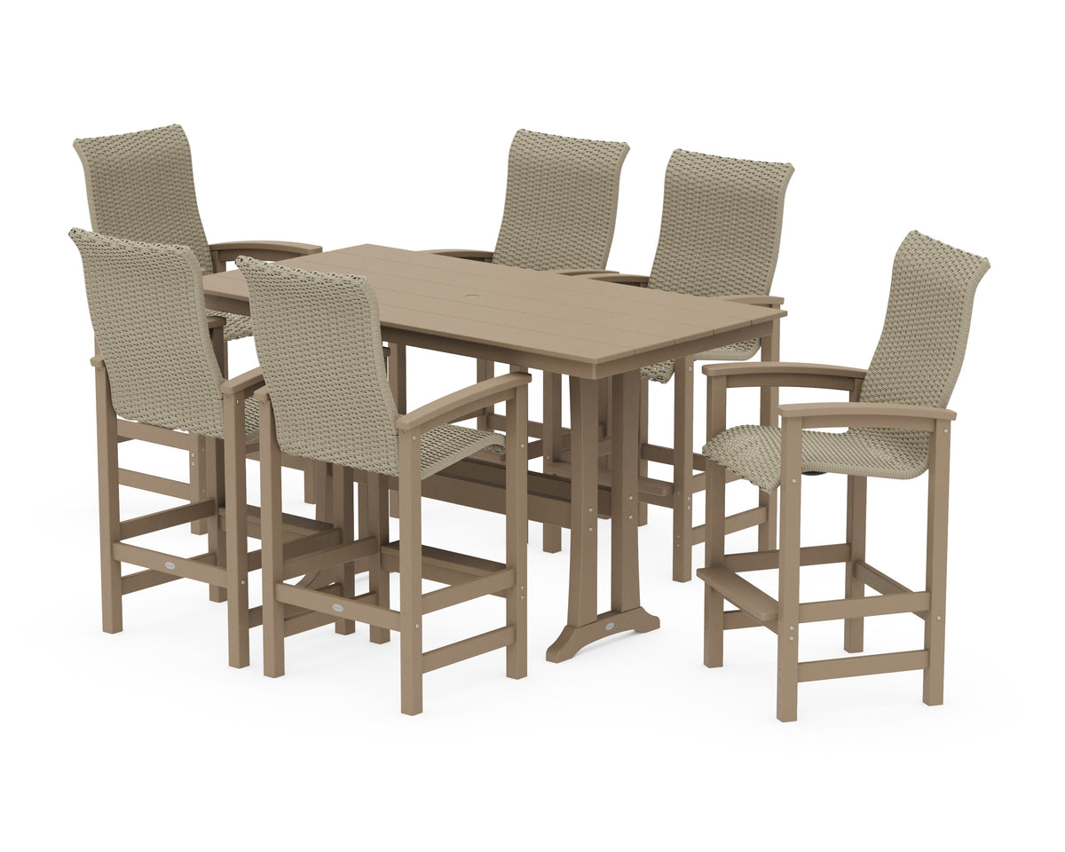 POLYWOOD Coastal Woven High-Back Arm Chair 7-Piece Farmhouse Bar Set with Trestle Legs in Vintage Sahara / Dune Grass