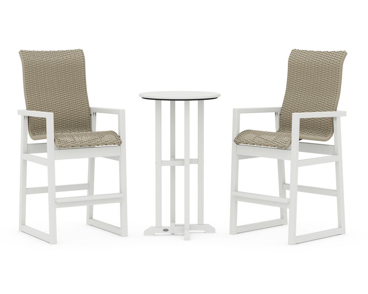 POLYWOOD EDGE Woven Highback 3-Piece Farmhouse Bar Set in White / Dune Grass