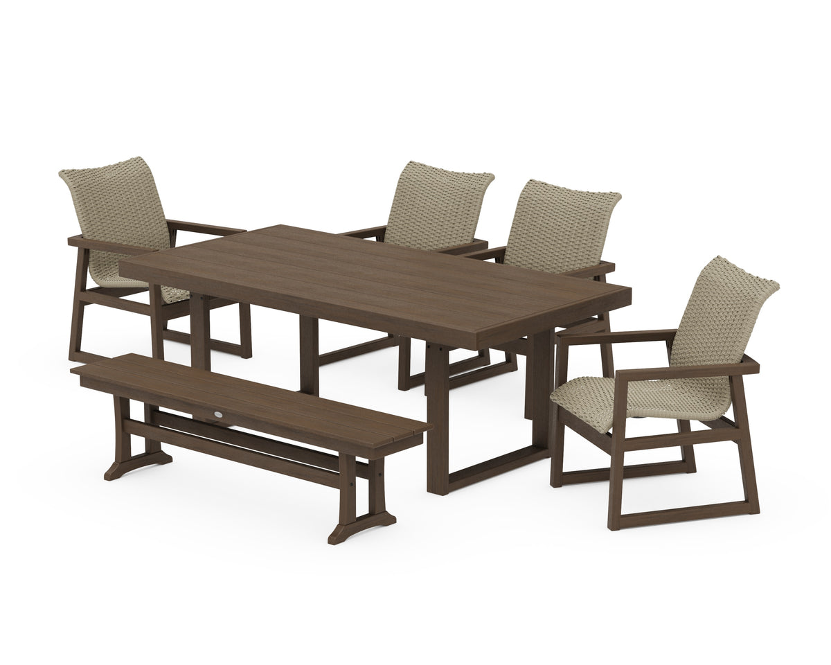 POLYWOOD EDGE Woven 6-Piece Dining Set with Bench in Kona / Dune Grass