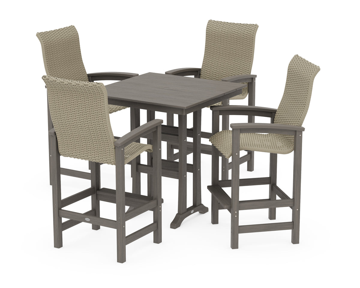 POLYWOOD Coastal Woven High-Back 5-Piece Farmhouse Bar Set with Trestle Legs in Driftwood / Dune Grass