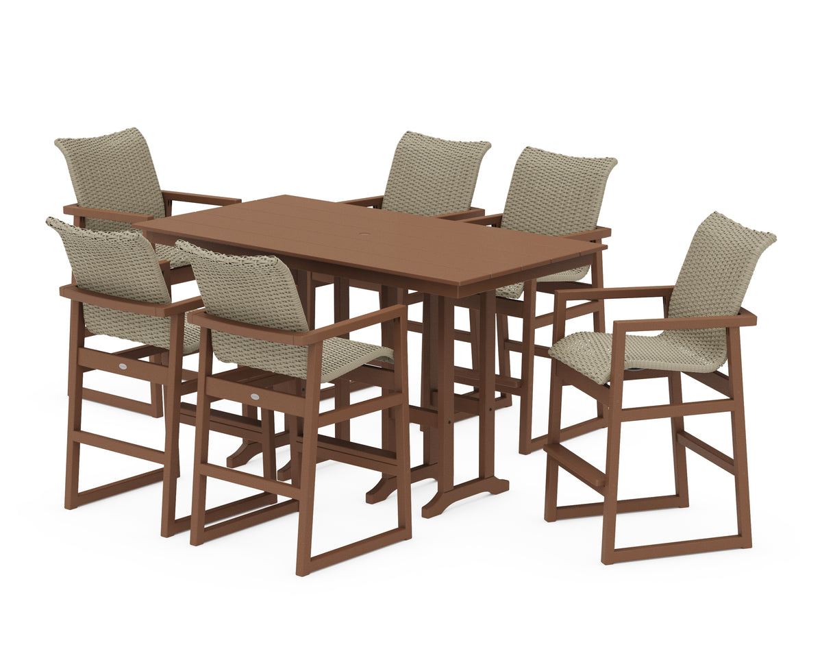 POLYWOOD EDGE Woven Arm Chair 7-Piece Farmhouse Bar Set in Teak / Dune Grass