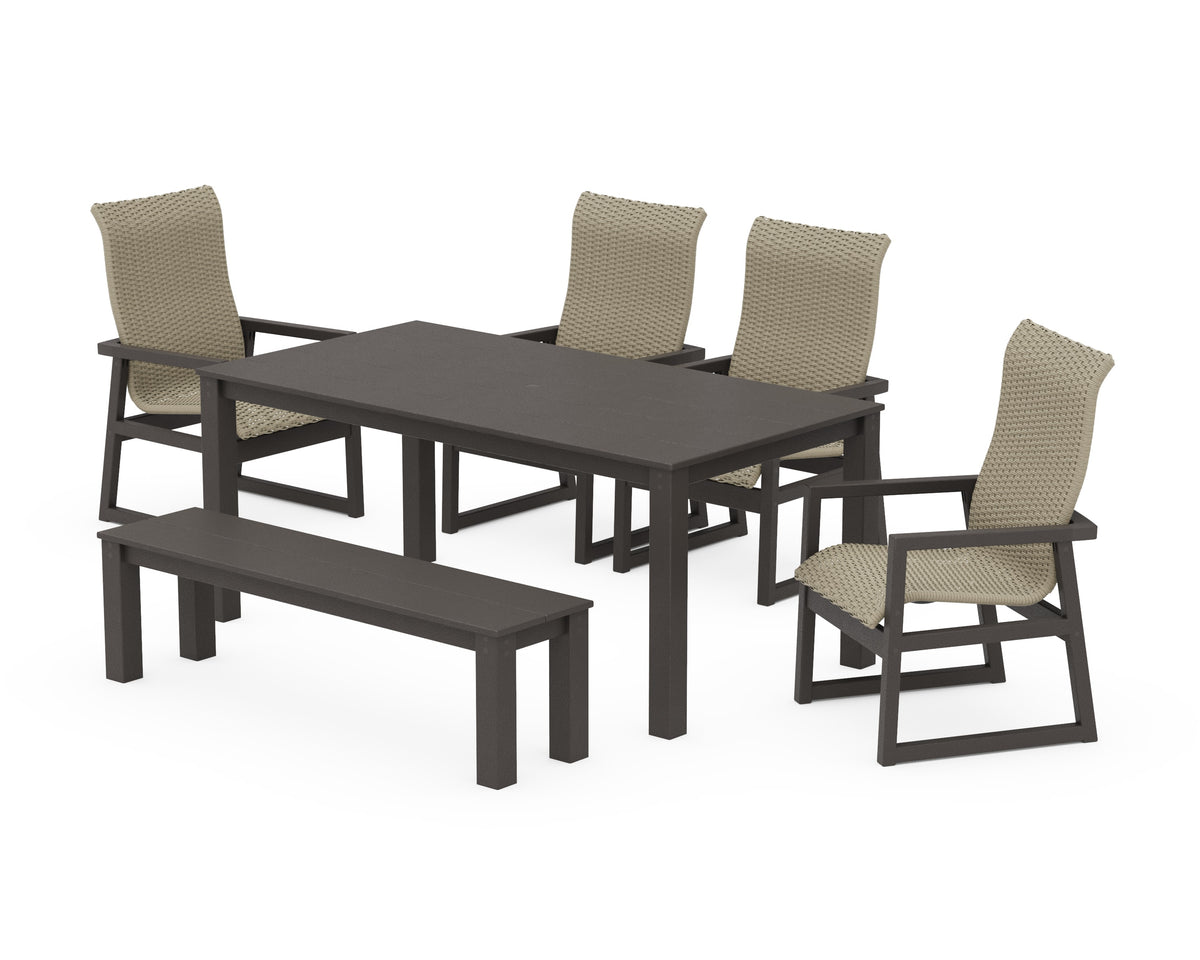 POLYWOOD EDGE Woven High-Back 6-Piece Parsons Dining Set with Bench in Vintage Coffee / Dune Grass