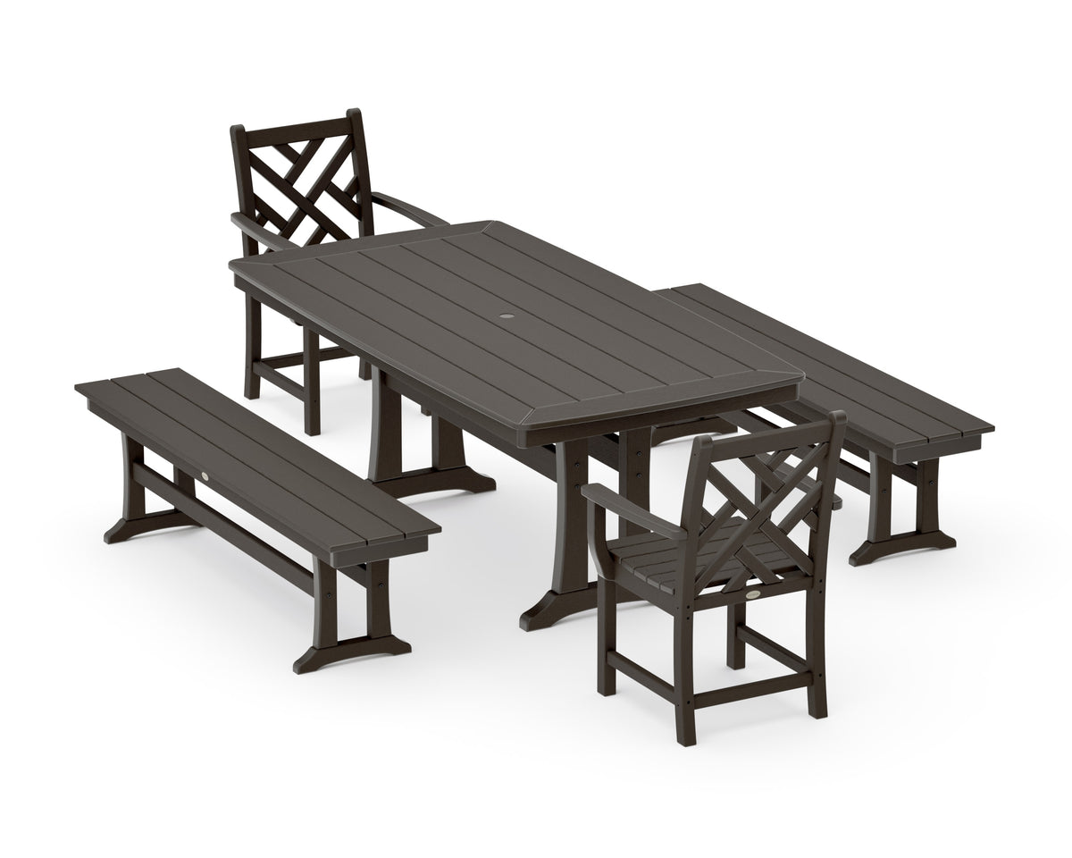 POLYWOOD Chippendale 5-Piece Dining Set with Trestle Legs - 38" x 73" Table in Vintage Coffee