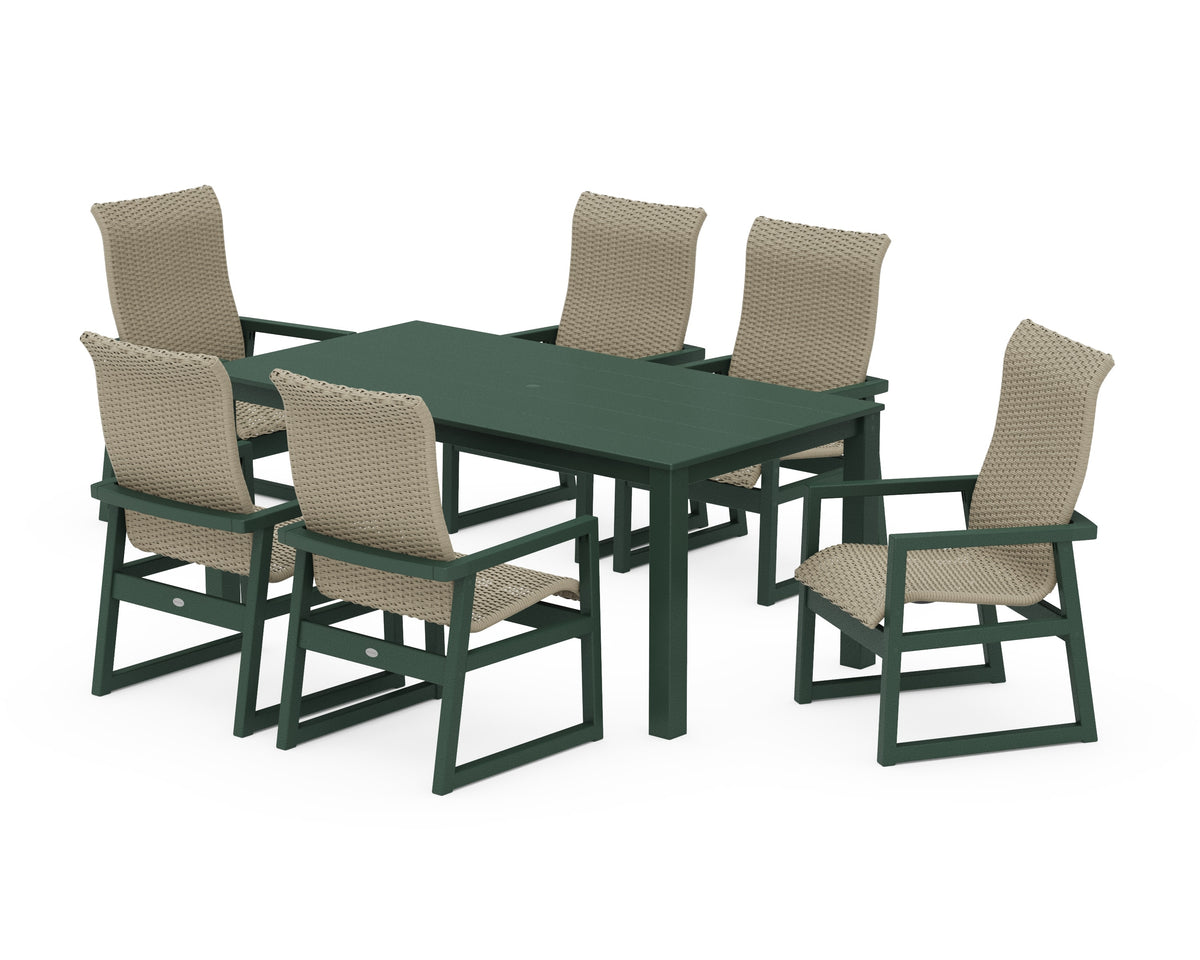 POLYWOOD EDGE Woven High-Back Arm Chair 7-Piece Parsons Dining Set in Green / Dune Grass