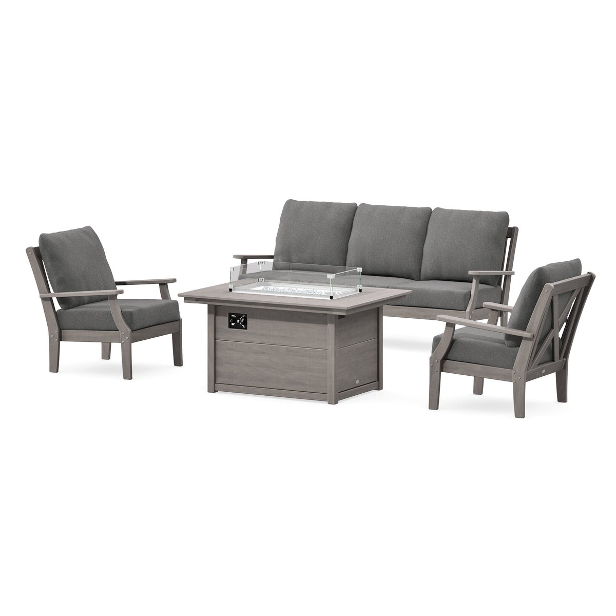 POLYWOOD Braxton Deep Seating Fire Pit Table Set in Driftwood