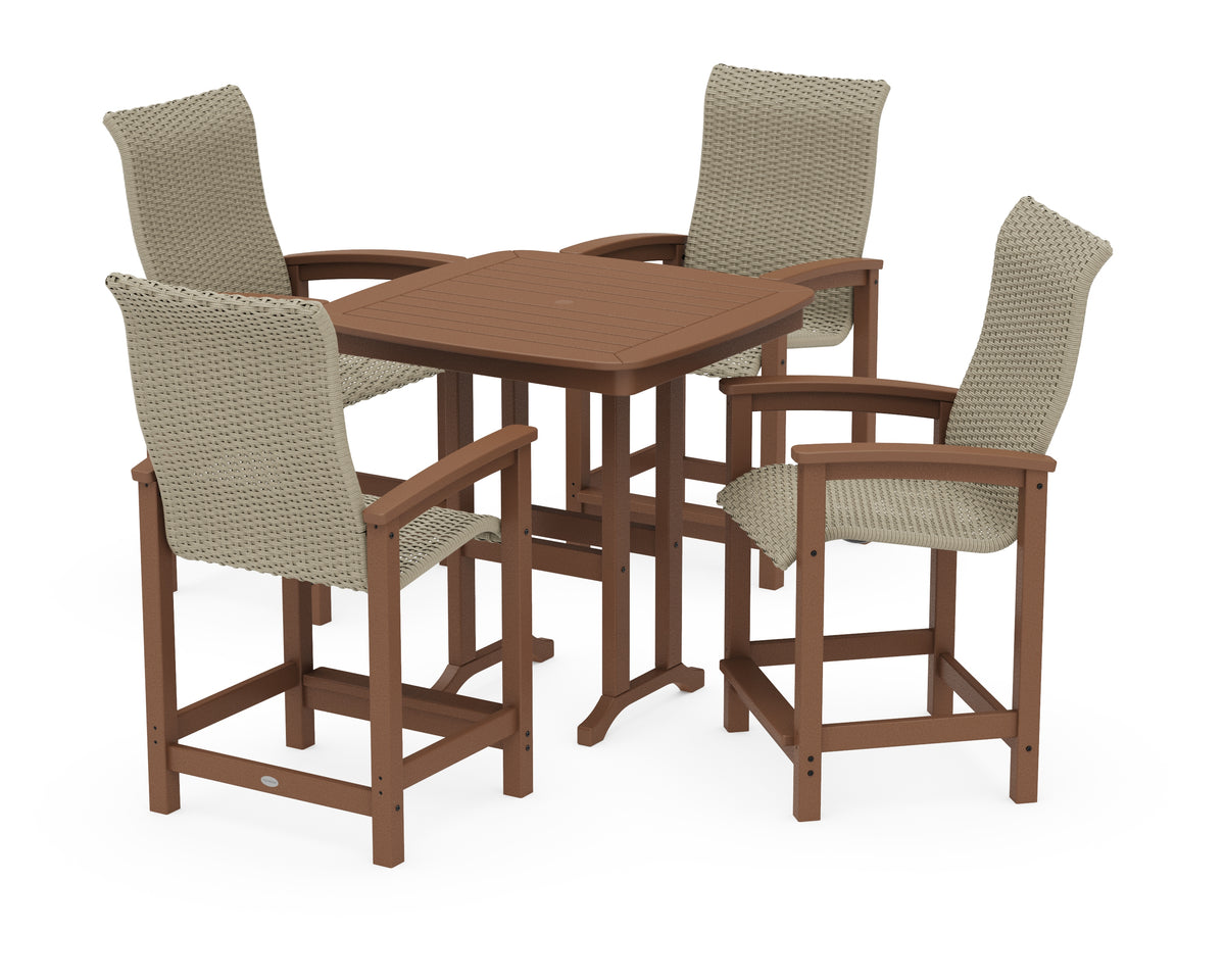 POLYWOOD Coastal Woven High-Back 5-Piece Counter Set in Teak / Dune Grass