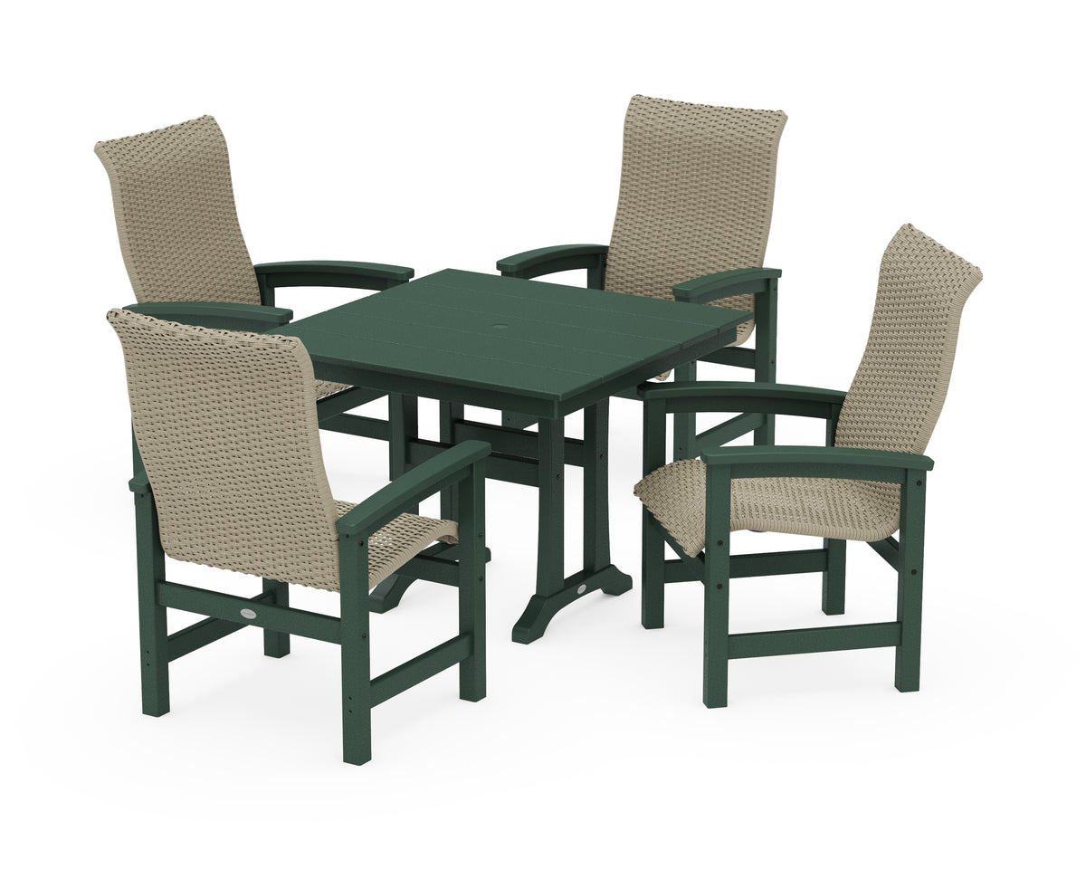POLYWOOD Coastal Woven High-Back 5-Piece Farmhouse Dining Set with Trestle Legs in Green / Dune Grass