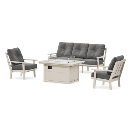 POLYWOOD Oxford Deep Seating Fire Pit Table Set in Sand