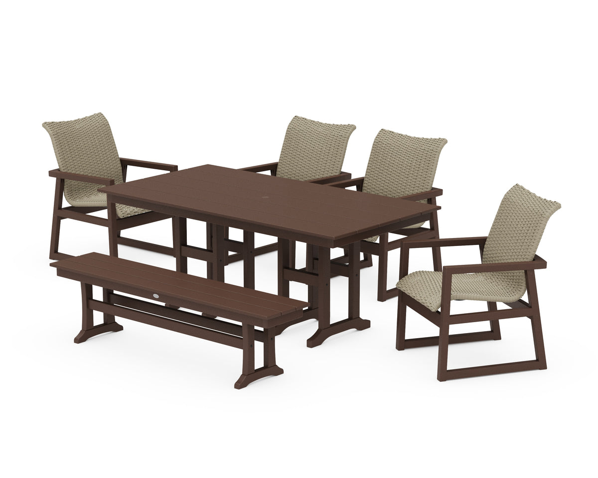 POLYWOOD EDGE Woven 6-Piece Farmhouse Dining Set with Bench in Mahogany / Dune Grass
