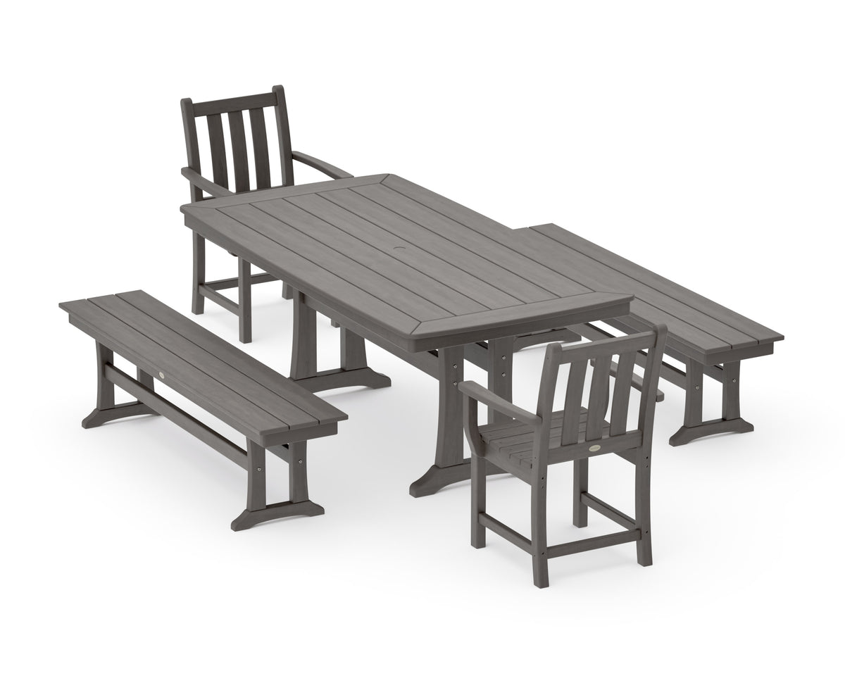 POLYWOOD Traditional Garden 5-Piece Dining Set with Trestle Legs - 38" x 73" Table in Driftwood
