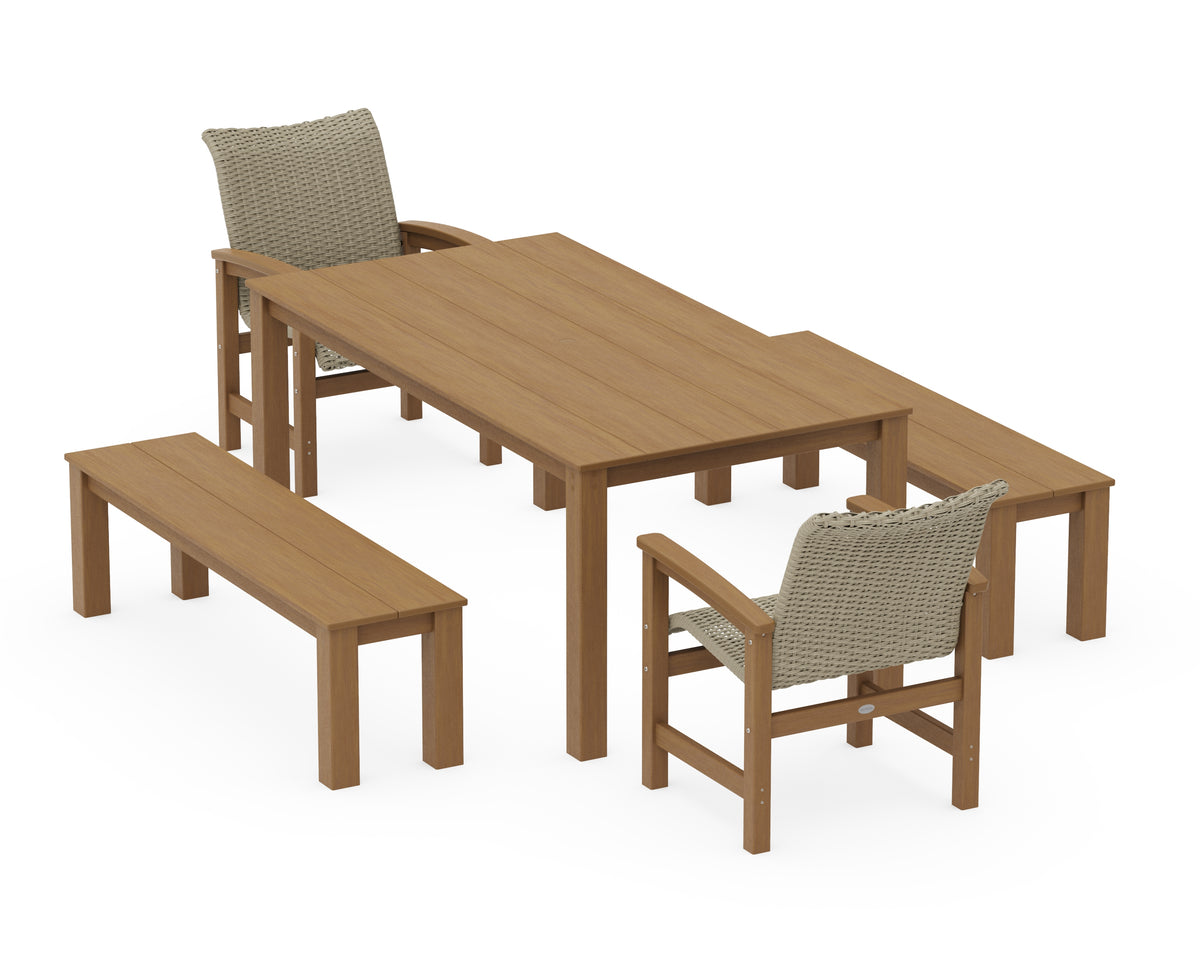 POLYWOOD Coastal Woven 5-Piece Parsons Dining Set with Benches in Natural / Dune Grass