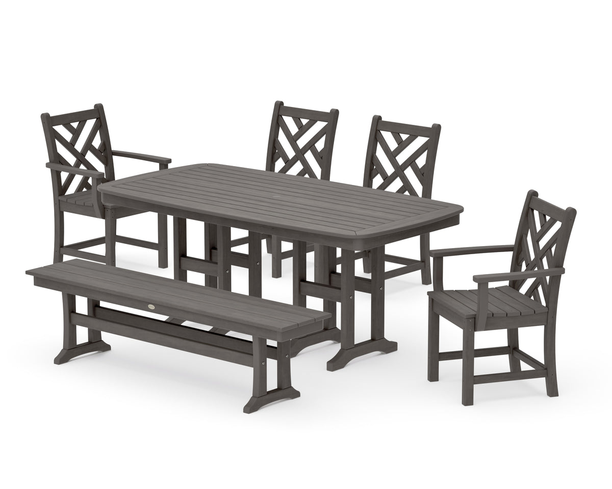 POLYWOOD Chippendale 6-Piece Dining Set with Bench - 37" x 72" Table in Driftwood