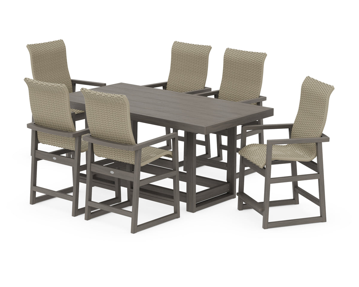 POLYWOOD EDGE Woven Highback Arm Chair 7-Piece Counter Set in Driftwood / Dune Grass