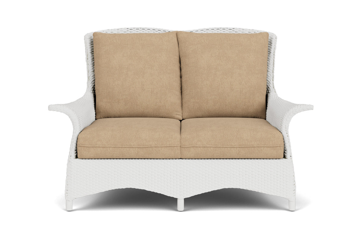 Lloyd Flanders Mandalay Conversation Set in Matte White with Hayden Sand fabric