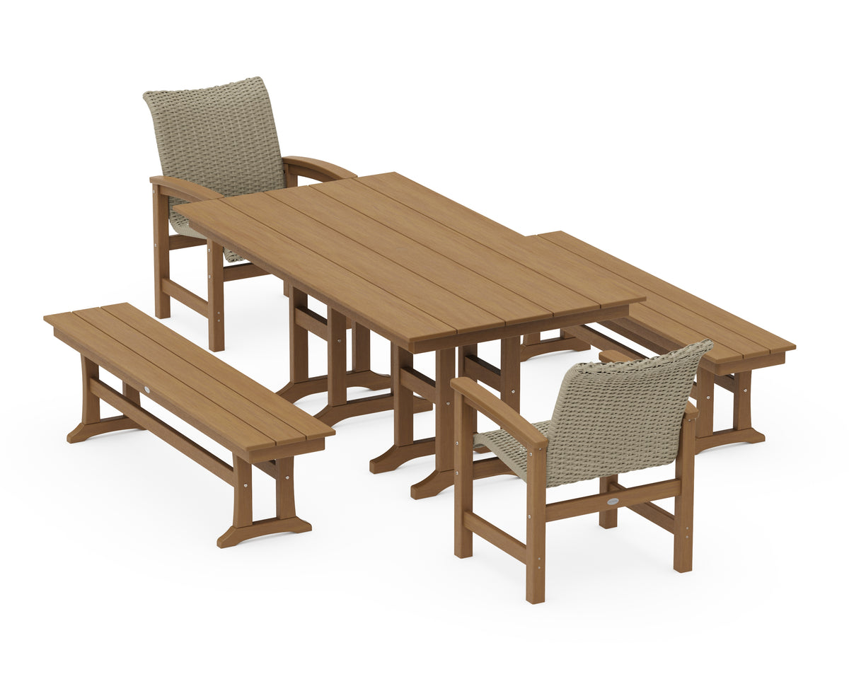 POLYWOOD Coastal Woven 5-Piece Farmhouse Dining Set with Benches in Natural / Dune Grass