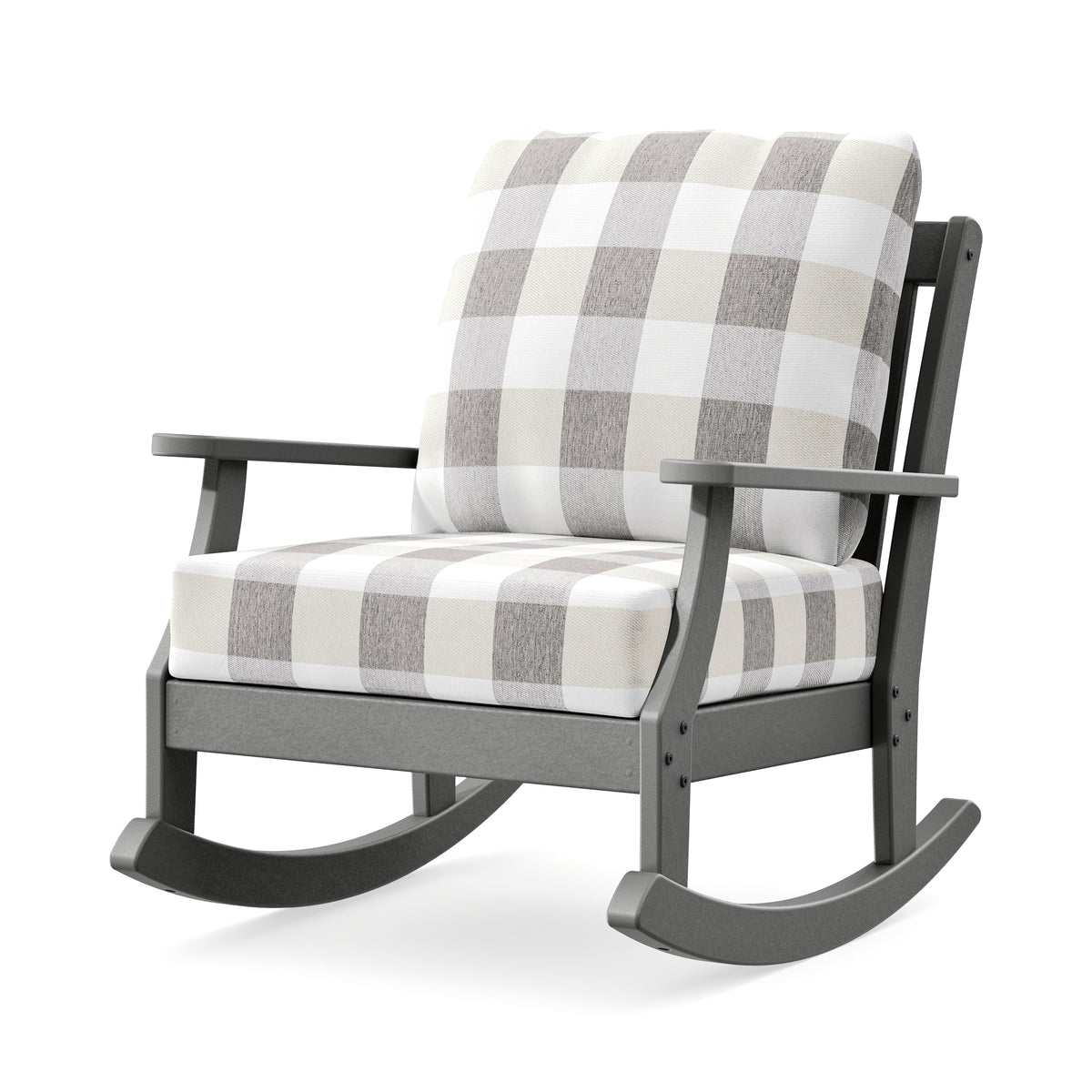 POLYWOOD Braxton Deep Seating Rocking Chair in Slate Grey / Buffalo Plaid Grey Mist