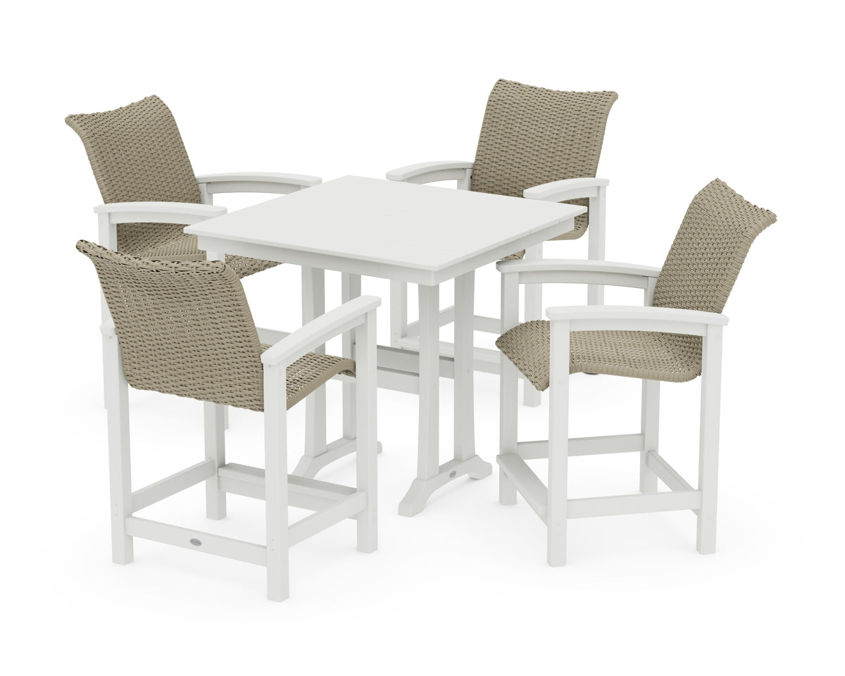 POLYWOOD Coastal Woven 5-Piece Farmhouse Counter Set with Trestle Legs in White / Dune Grass