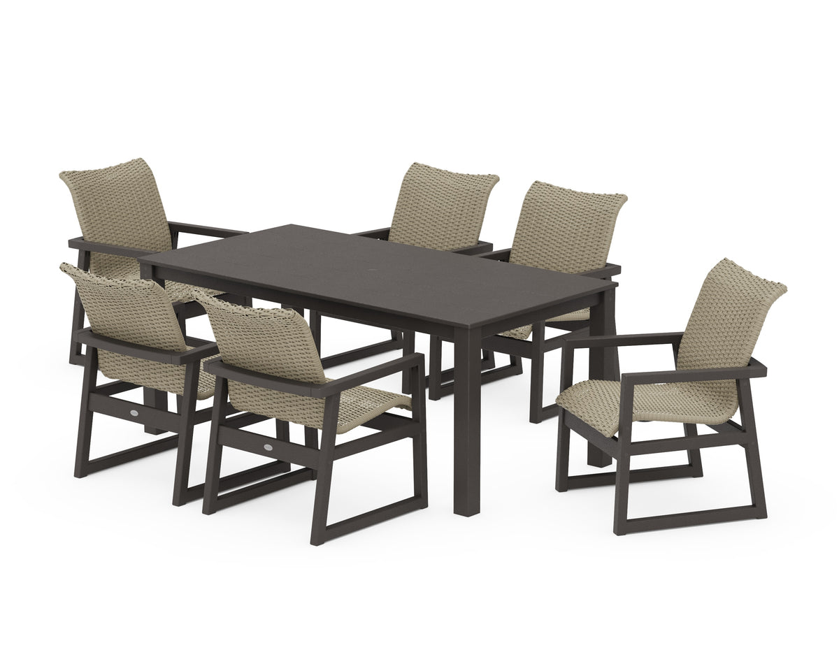POLYWOOD EDGE Woven Arm Chair 7-Piece Parsons Dining Set in Vintage Coffee / Dune Grass