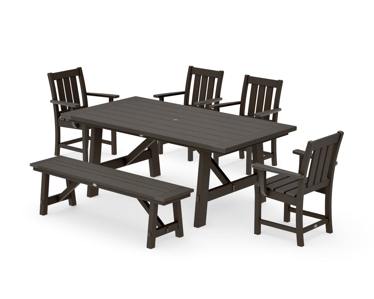 POLYWOOD Oxford 6-Piece Rustic Farmhouse Dining Set with Bench in Vintage Coffee