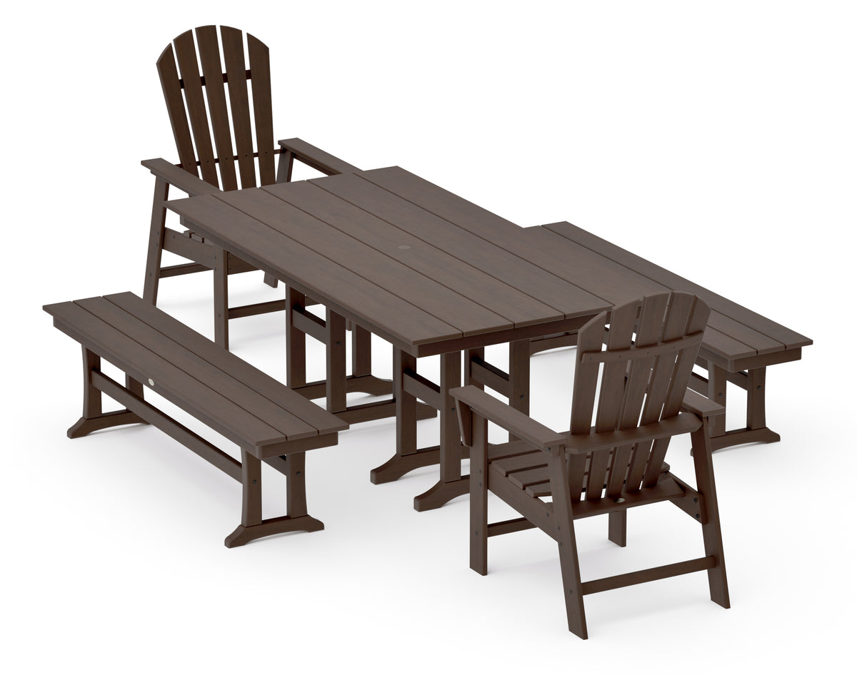 POLYWOOD South Beach 5-Piece Farmhouse Dining Set with Benches in Kona
