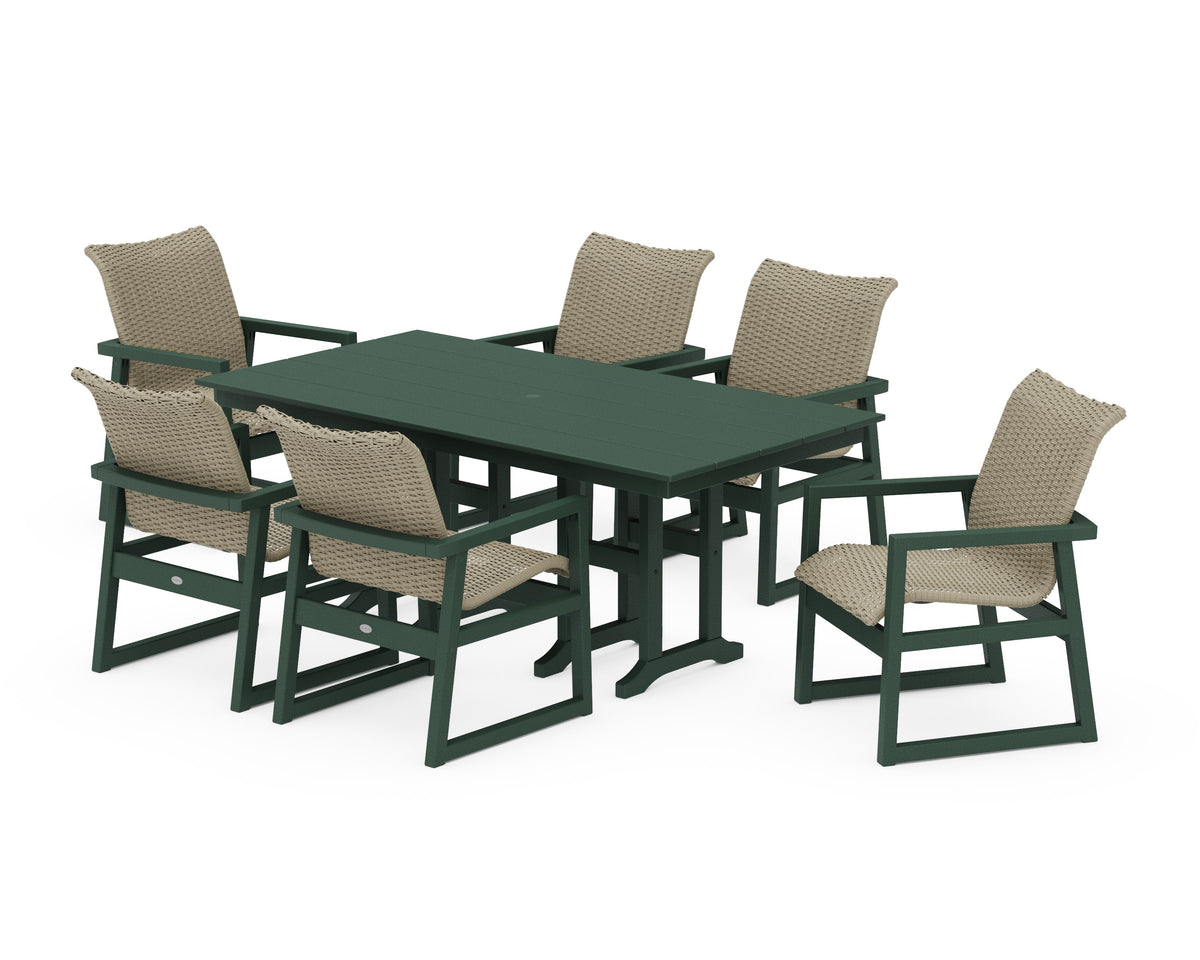 POLYWOOD EDGE Woven Arm Chair 7-Piece Farmhouse Dining Set in Green / Dune Grass