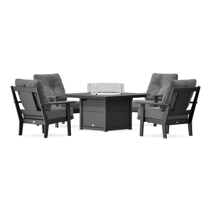 POLYWOOD Prairie 5-Piece Deep Seating Set with Fire Pit Table in Black