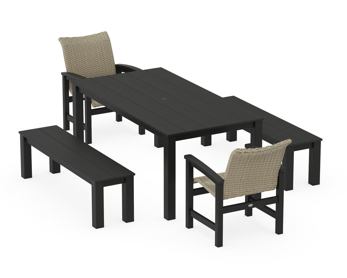 POLYWOOD Coastal Woven 5-Piece Parsons Dining Set with Benches in Black / Dune Grass