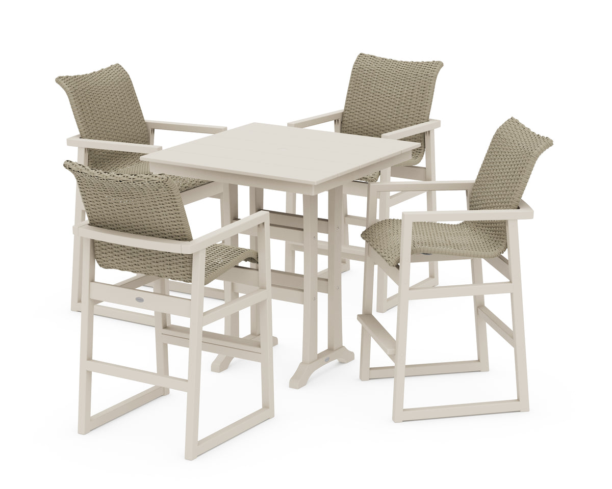 POLYWOOD EDGE Woven 5-Piece Farmhouse Bar Set with Trestle Legs in Sand / Dune Grass