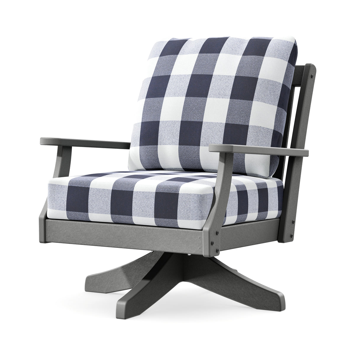 POLYWOOD Braxton Deep Seating Swivel Chair in Slate Grey / Buffalo Plaid Navy