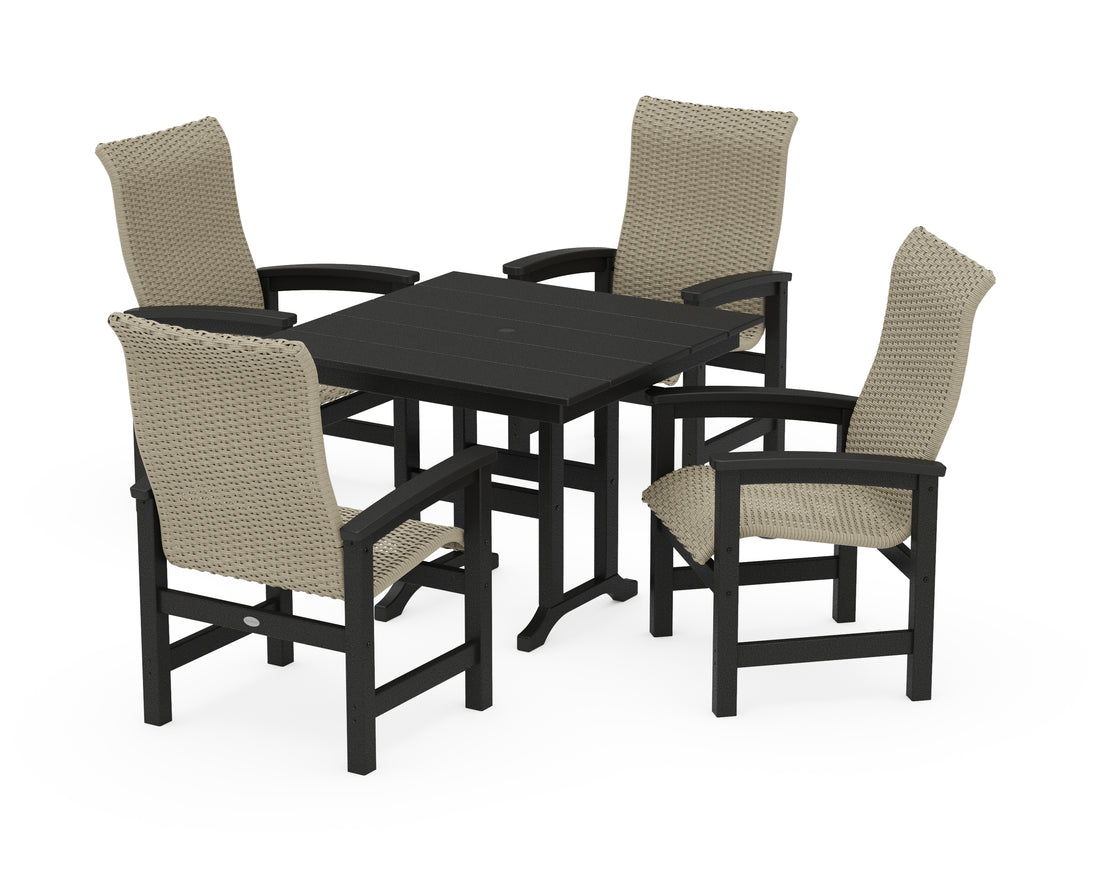POLYWOOD Coastal Woven High-Back 5-Piece Farmhouse Dining Set in Black / Dune Grass
