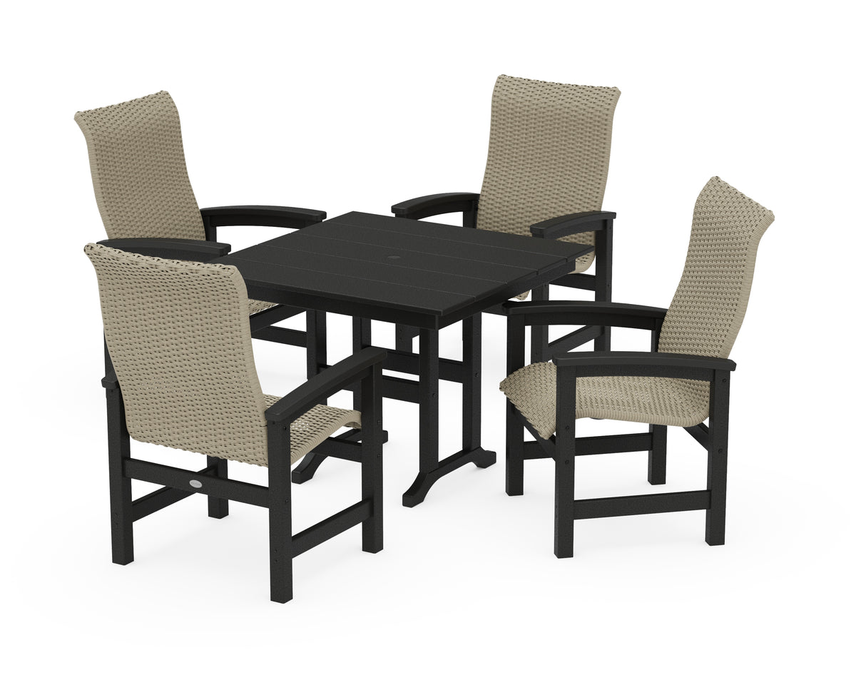 POLYWOOD Coastal Woven High-Back 5-Piece Farmhouse Dining Set in Black / Dune Grass